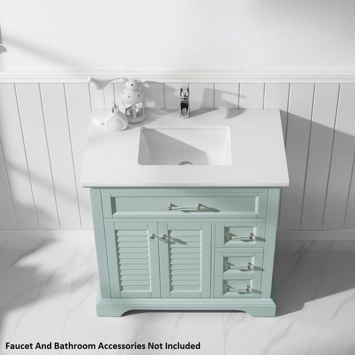 Vinnova Lorna 36" Finnish Green Freestanding Single Vanity Set In White Carrara Composite Stone Top With Undermount Ceramic Sink