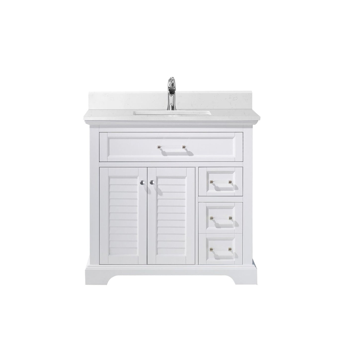 Vinnova Lorna 36" White Freestanding Single Vanity Set In White Carrara Composite Stone Top With Undermount Ceramic Sink and Mirror