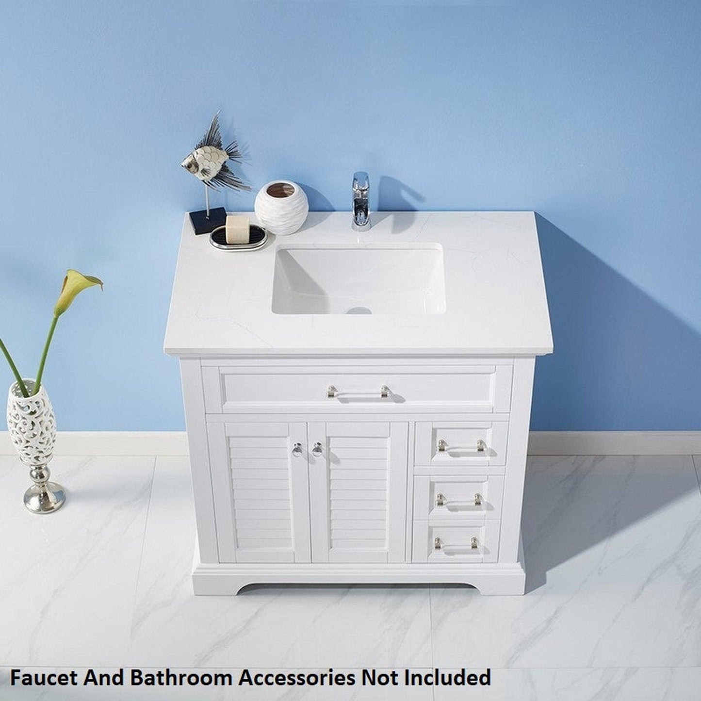 Vinnova Lorna 36" White Freestanding Single Vanity Set In White Carrara Composite Stone Top With Undermount Ceramic Sink