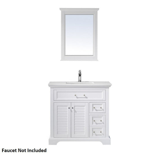 Vinnova Lorna 36" White Freestanding Single Vanity Set In White Carrara Composite Stone Top With Undermount Ceramic Sink and Mirror