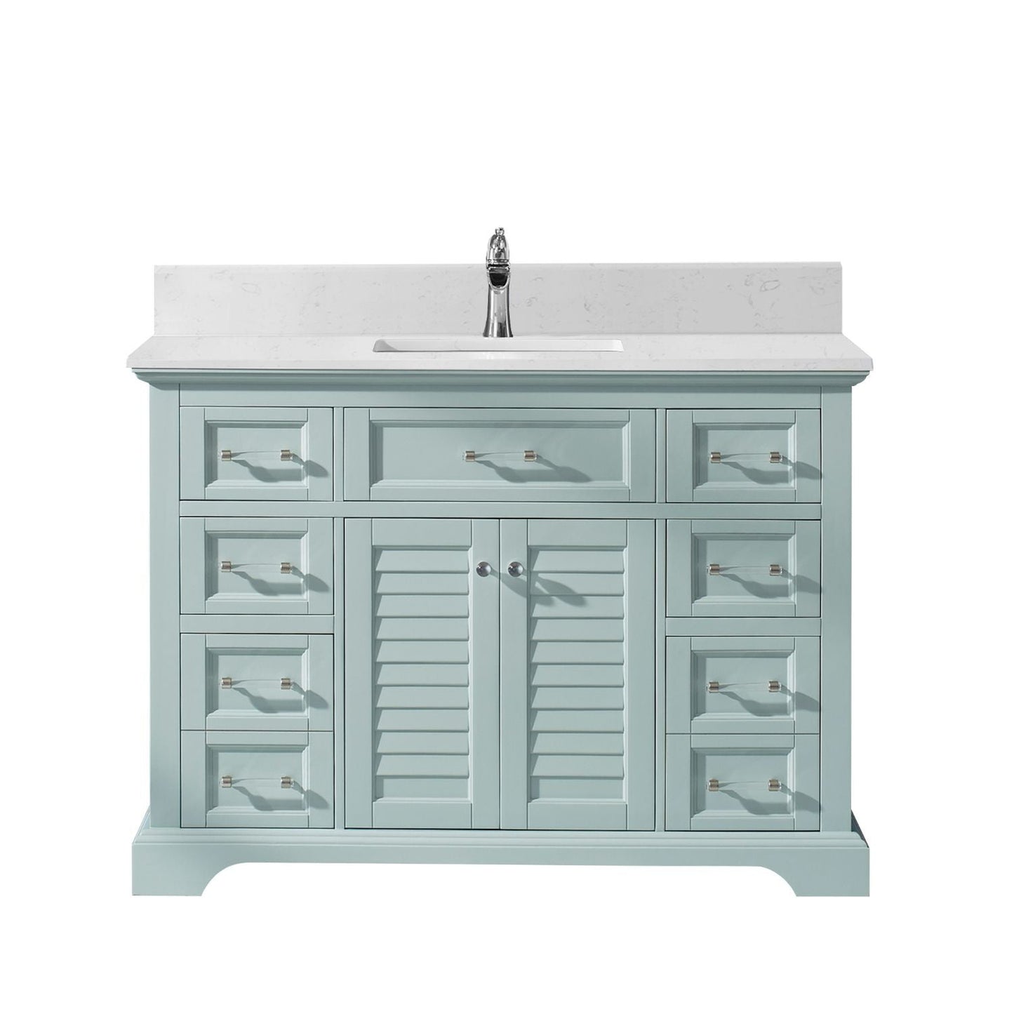 Vinnova Lorna 48" Finnish Green Freestanding Single Vanity Set In White Carrara Composite Stone Top With Undermount Ceramic Sink and Mirror