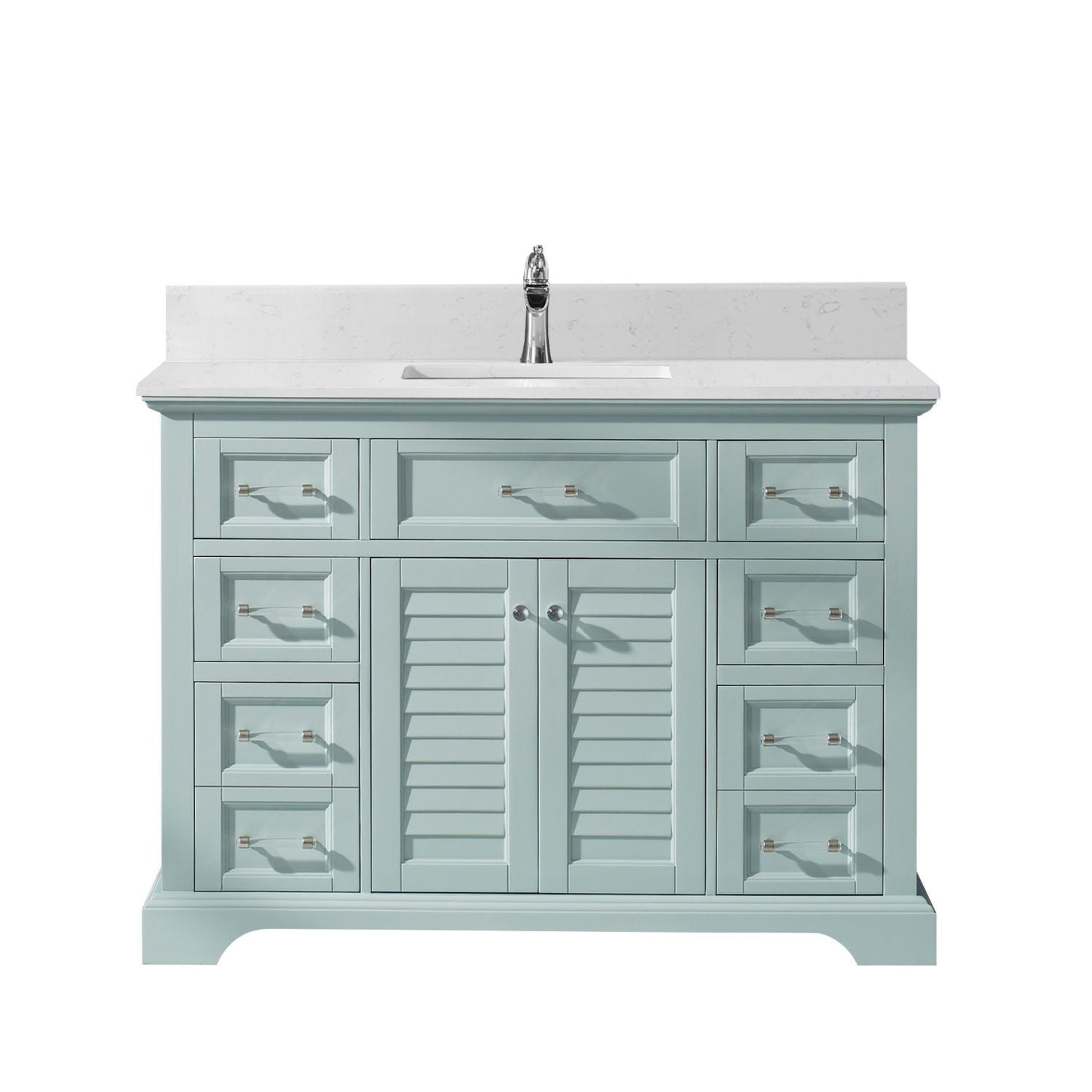 Vinnova Lorna 48" Finnish Green Freestanding Single Vanity Set In White Carrara Composite Stone Top With Undermount Ceramic Sink and Mirror