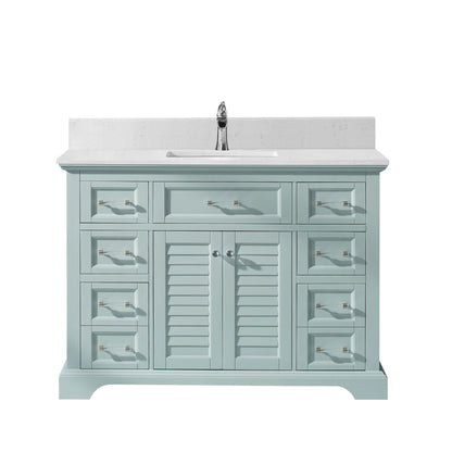 Vinnova Lorna 48" Finnish Green Freestanding Single Vanity Set In White Carrara Composite Stone Top With Undermount Ceramic Sink and Mirror