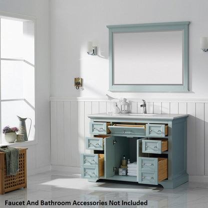 Vinnova Lorna 48" Finnish Green Freestanding Single Vanity Set In White Carrara Composite Stone Top With Undermount Ceramic Sink and Mirror