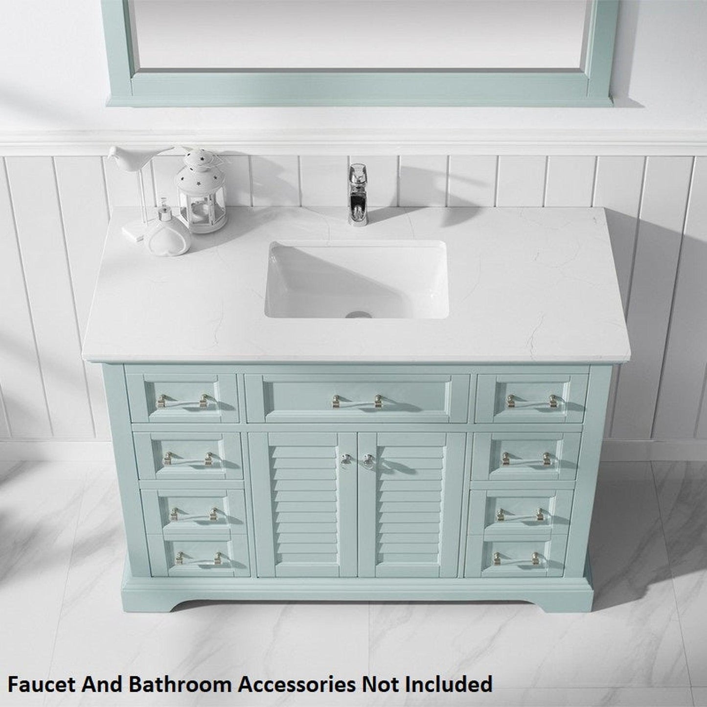 Vinnova Lorna 48" Finnish Green Freestanding Single Vanity Set In White Carrara Composite Stone Top With Undermount Ceramic Sink and Mirror