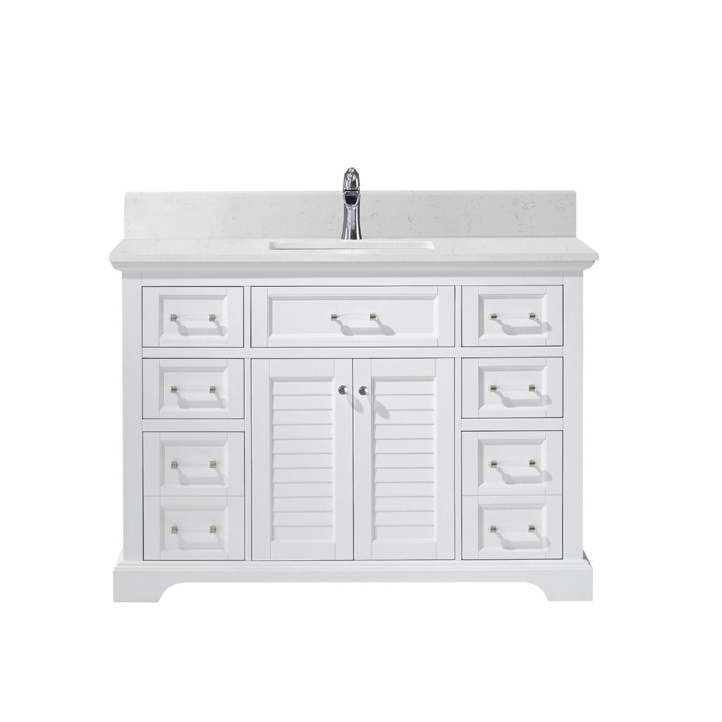 Vinnova Lorna 48" White Freestanding Single Vanity Set In White Carrara Composite Stone Top With Undermount Ceramic Sink and Mirror