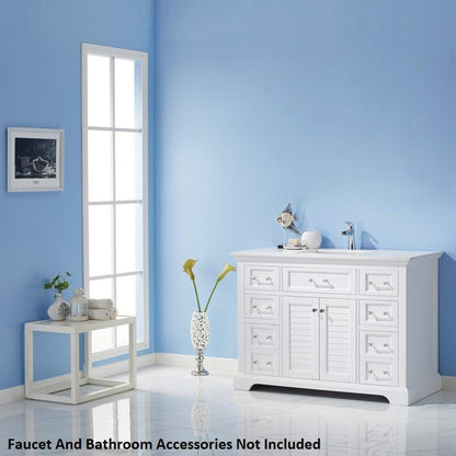 Vinnova Lorna 48" White Freestanding Single Vanity Set In White Carrara Composite Stone Top With Undermount Ceramic Sink