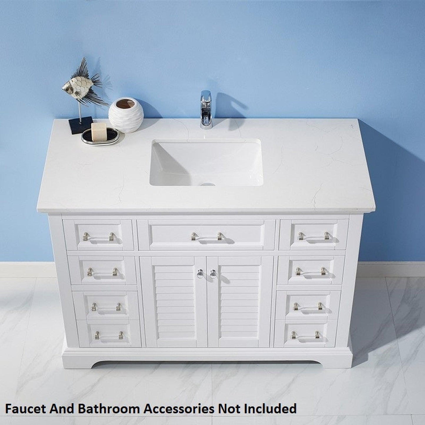 Vinnova Lorna 48" White Freestanding Single Vanity Set In White Carrara Composite Stone Top With Undermount Ceramic Sink