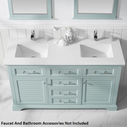 Vinnova Lorna 60" Finnish Green Freestanding Double Vanity Set In White Carrara Composite Stone Top With Undermount Ceramic Sink and Mirror