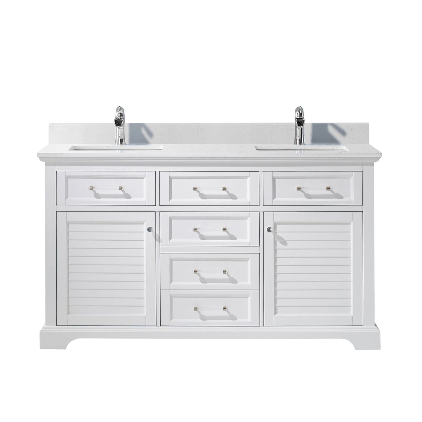 Vinnova Lorna 60" White Freestanding Double Vanity Set In White Carrara Composite Stone Top With Undermount Ceramic Sink and Mirror