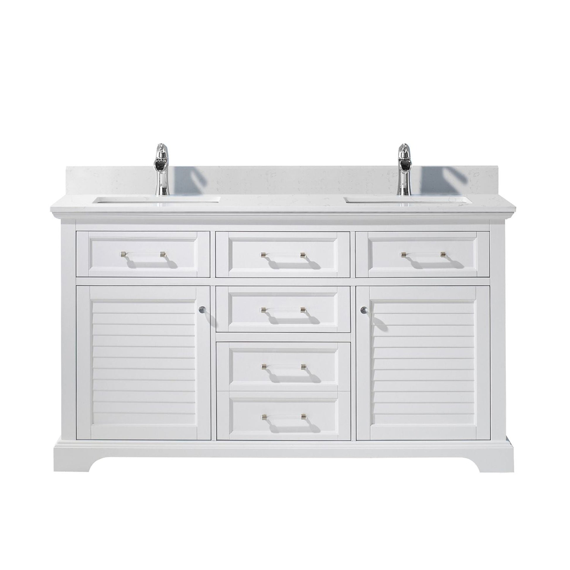 Vinnova Lorna 60" White Freestanding Double Vanity Set In White Carrara Composite Stone Top With Undermount Ceramic Sink and Mirror