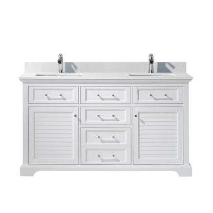 Vinnova Lorna 60" White Freestanding Double Vanity Set In White Carrara Composite Stone Top With Undermount Ceramic Sink and Mirror