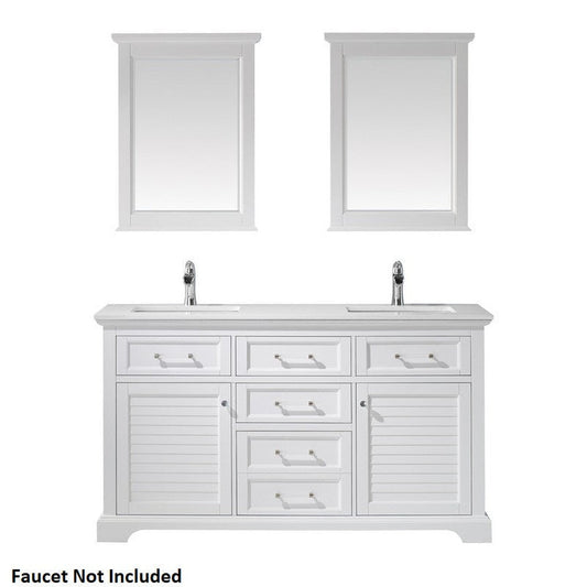 Vinnova Lorna 60" White Freestanding Double Vanity Set In White Carrara Composite Stone Top With Undermount Ceramic Sink and Mirror