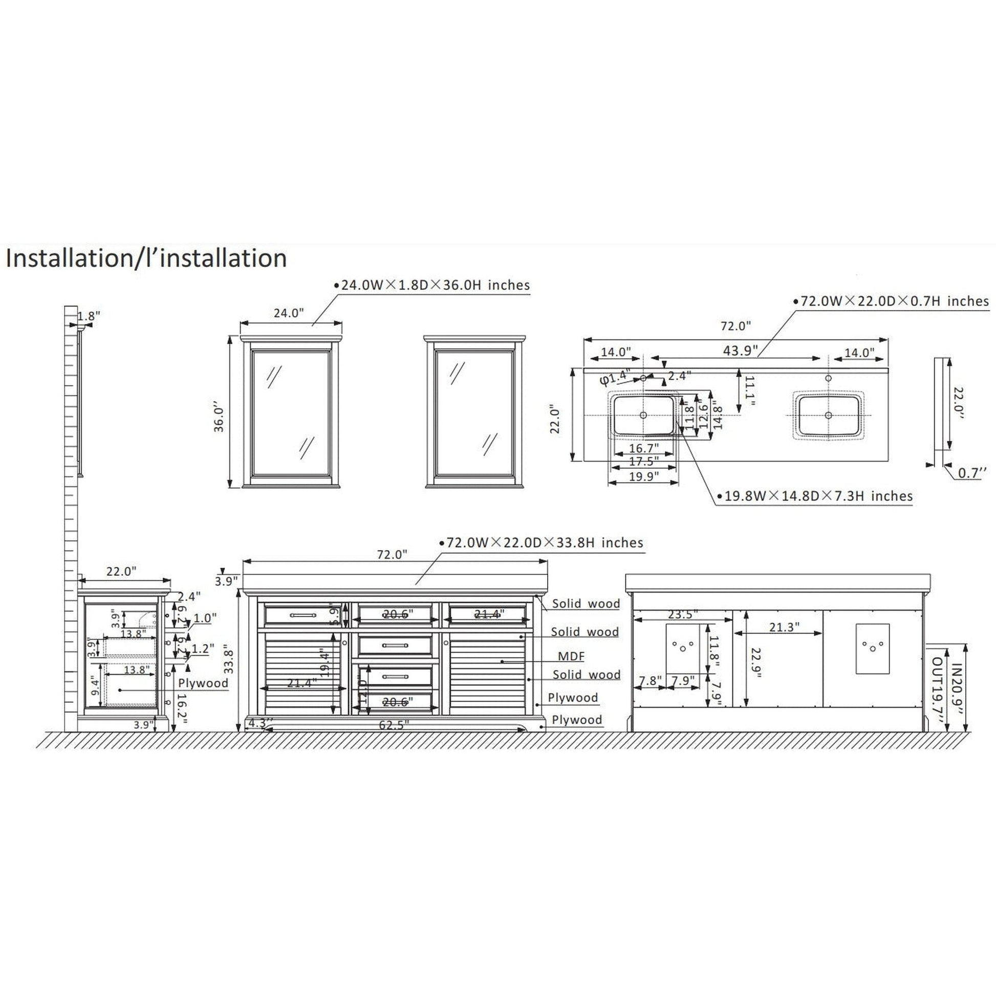Vinnova Lorna 72" Finnish Green Freestanding Double Vanity Set In White Carrara Composite Stone Top With Undermount Ceramic Sink and Mirror