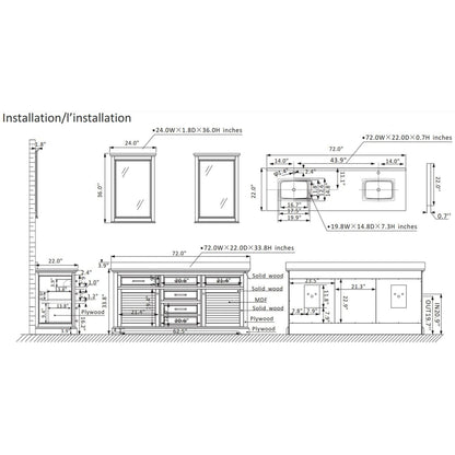 Vinnova Lorna 72" Finnish Green Freestanding Double Vanity Set In White Carrara Composite Stone Top With Undermount Ceramic Sink and Mirror