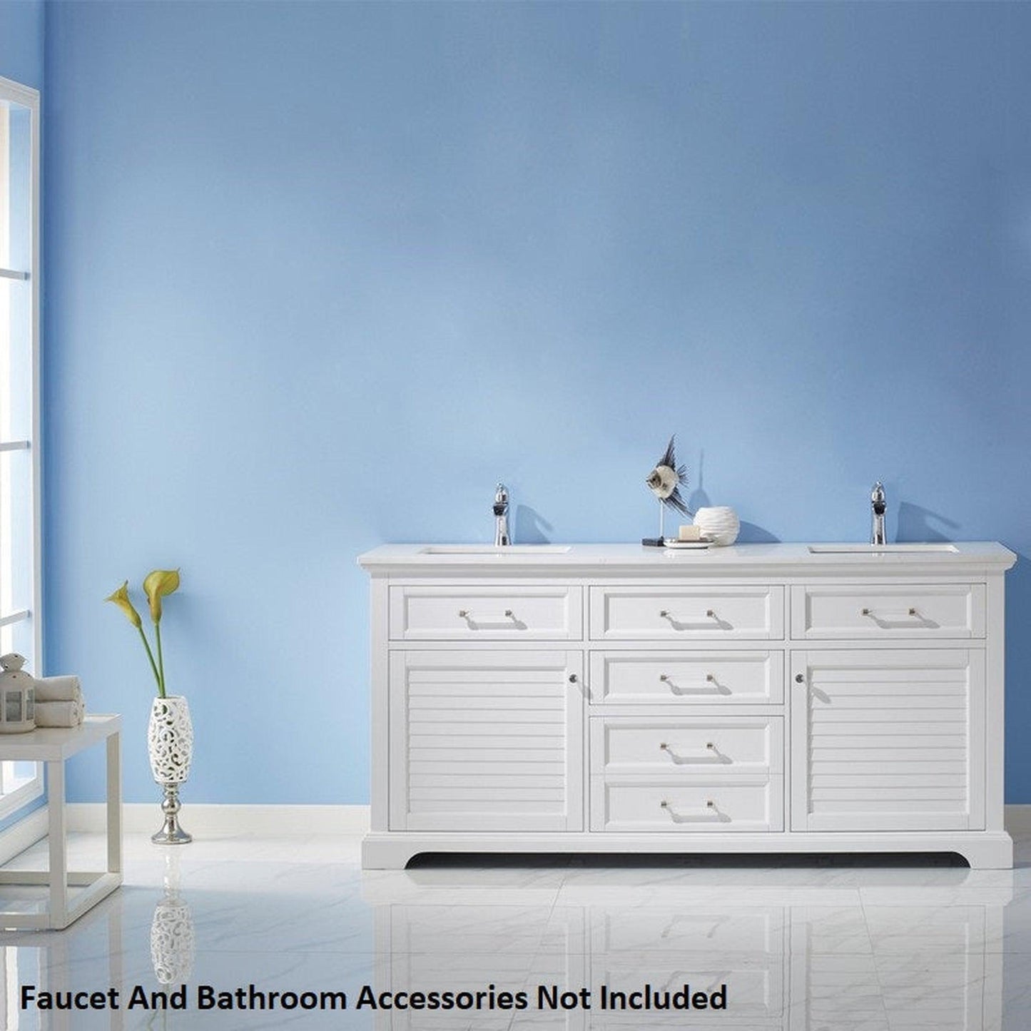 Vinnova Lorna 72" White Freestanding Double Vanity Set In White Carrara Composite Stone Top With Undermount Ceramic Sink