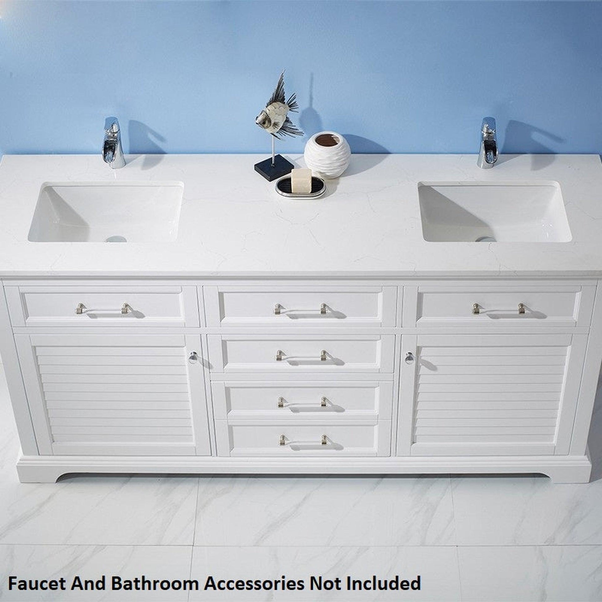 Vinnova Lorna 72" White Freestanding Double Vanity Set In White Carrara Composite Stone Top With Undermount Ceramic Sink