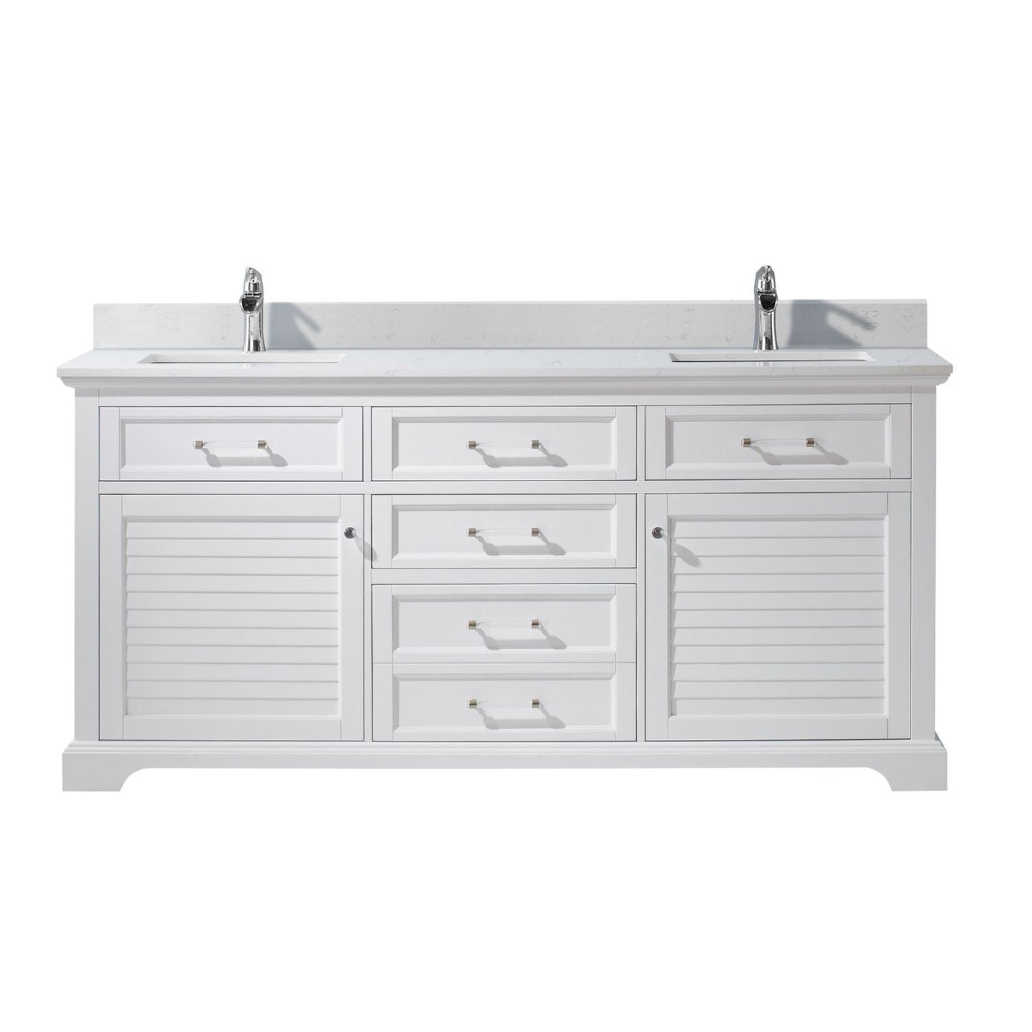 Vinnova Lorna 72" White Frestanding Double Vanity Set In White Carrara Composite Stone Top With Undermount Ceramic Sink and Mirror