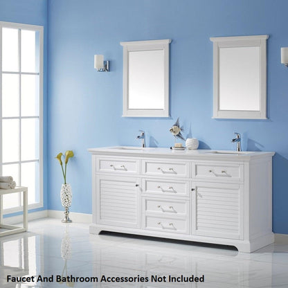 Vinnova Lorna 72" White Frestanding Double Vanity Set In White Carrara Composite Stone Top With Undermount Ceramic Sink and Mirror