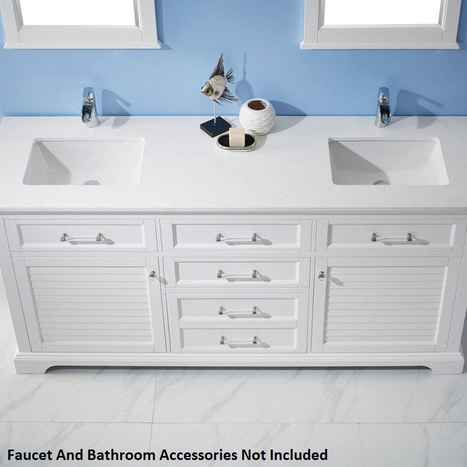 Vinnova Lorna 72" White Frestanding Double Vanity Set In White Carrara Composite Stone Top With Undermount Ceramic Sink and Mirror