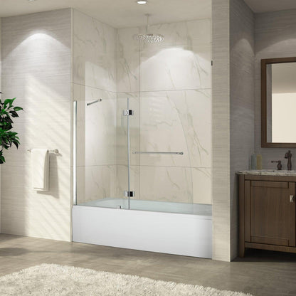 Vinnova Lucca 48" x 58" Polished Chrome Hinged Frameless Tub Door With Fixed Glass Panel on One Side