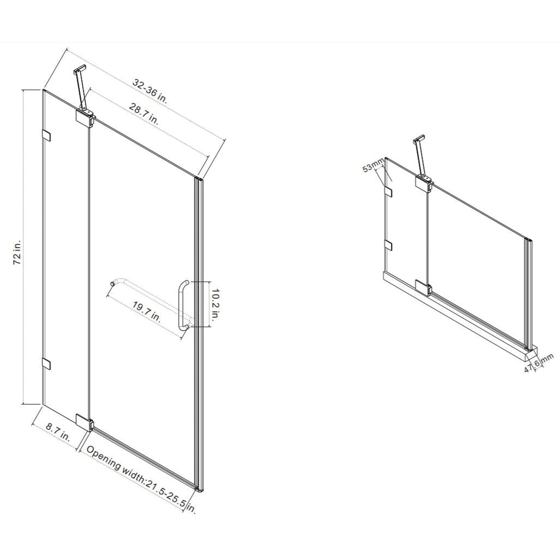 Vinnova Milano 36" x 72" Matte Black In-line Hinged Frameless Shower Door With Fixed Glass on One Side