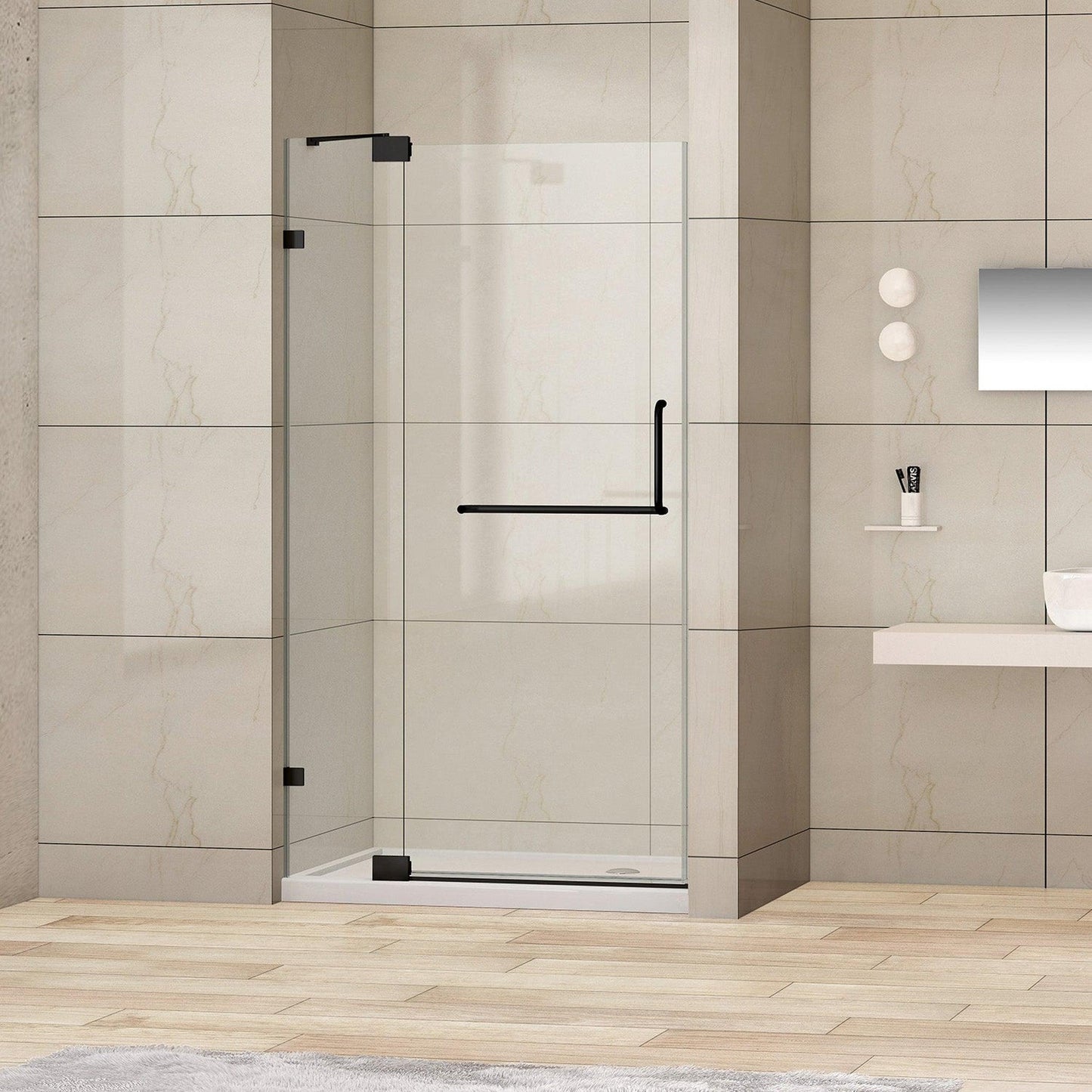 Vinnova Milano 36" x 72" Matte Black In-line Hinged Frameless Shower Door With Fixed Glass on One Side