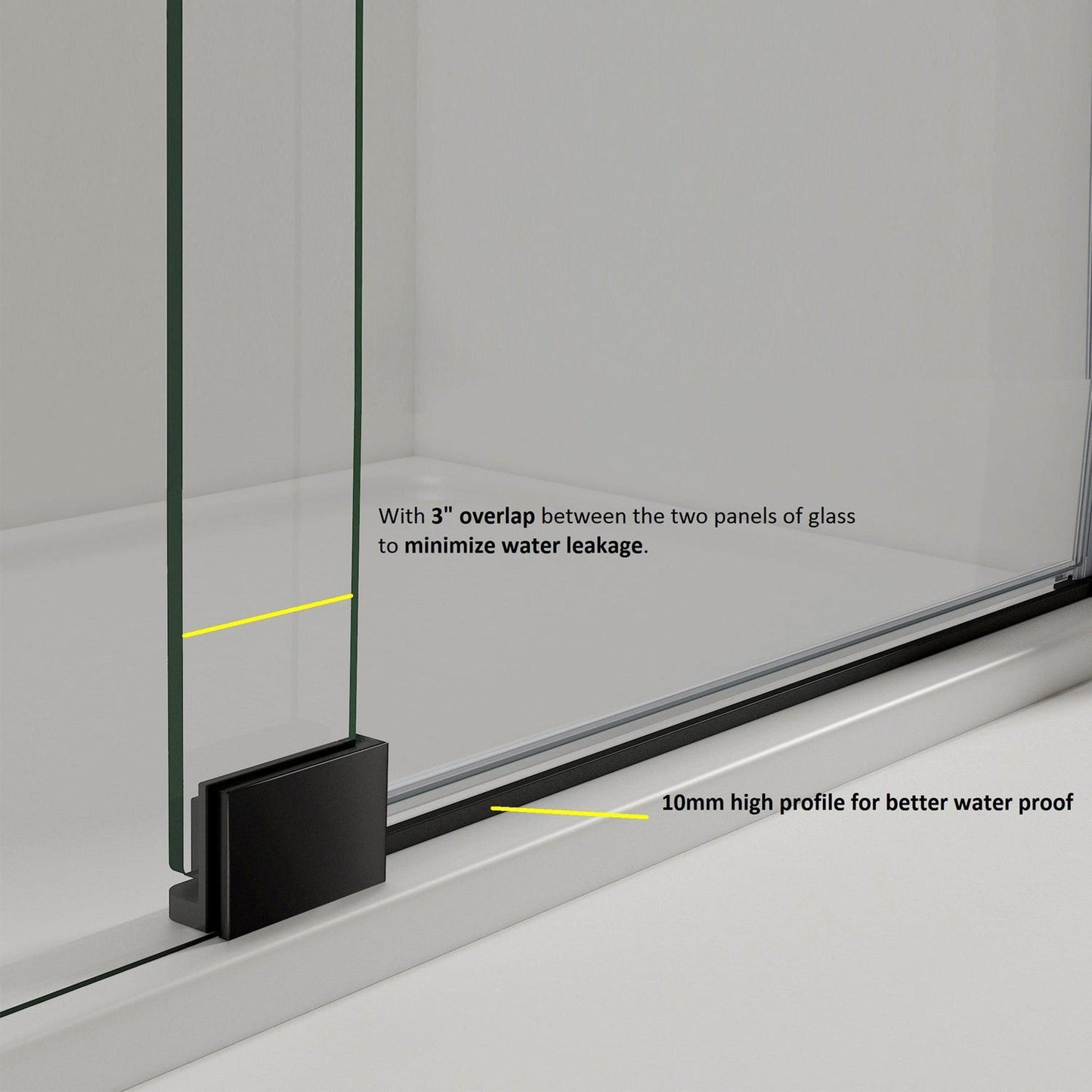 Vinnova Milano 48" x 72" Matte Black In-line Hinged Frameless Shower Door With Fixed Glass on Both Sides