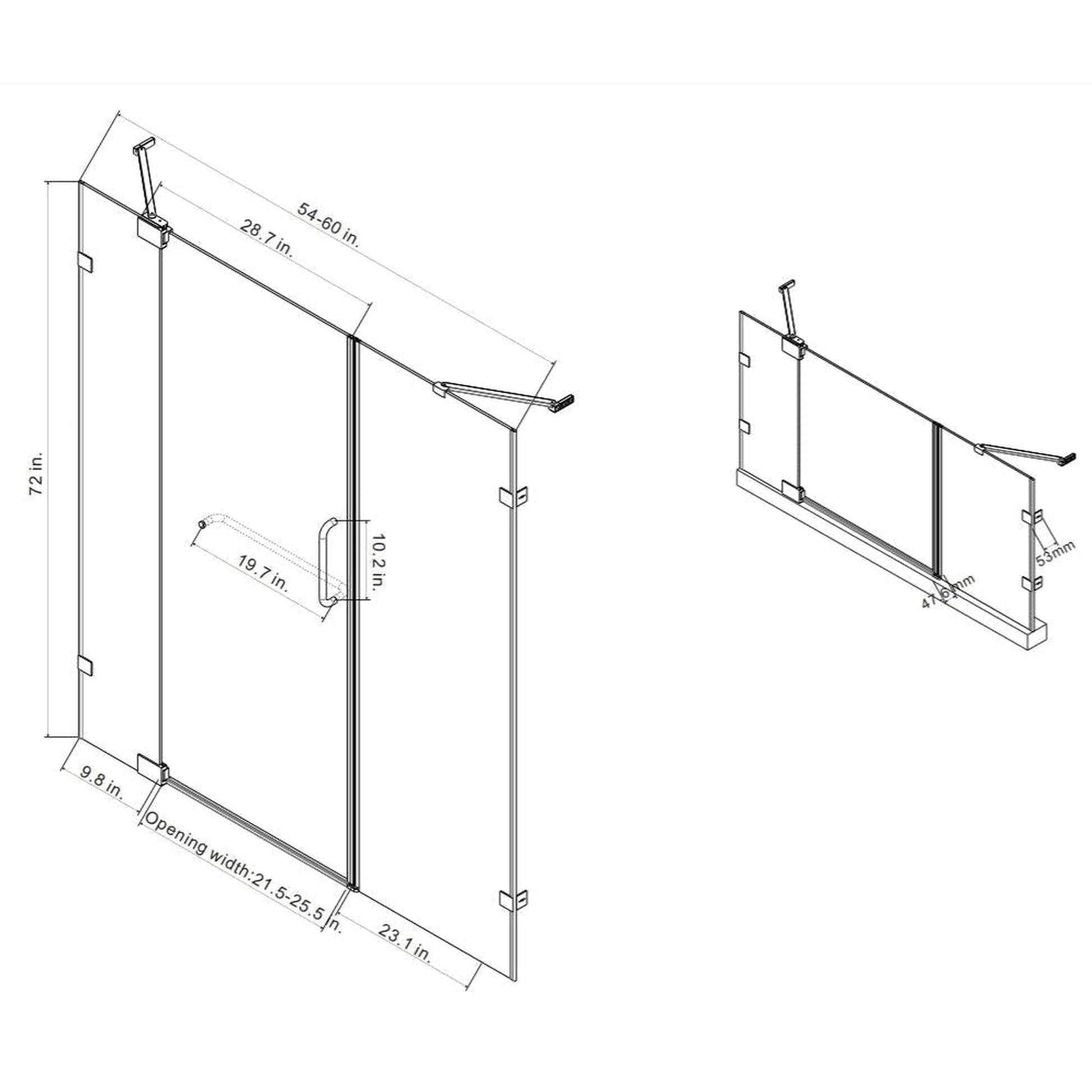 Vinnova Milano 60" x 72" Brushed Nickel In-line Hinged Frameless Shower Door With Fixed Glass on Both Sides