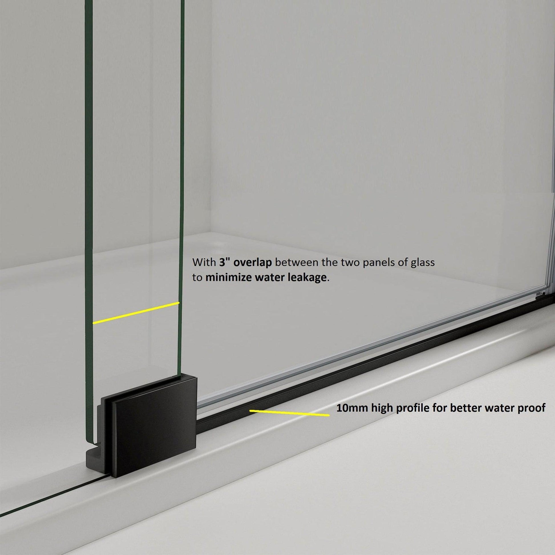 Vinnova Milano 60" x 72" Matte Black In-line Hinged Frameless Shower Door With Fixed Glass on Both Sides