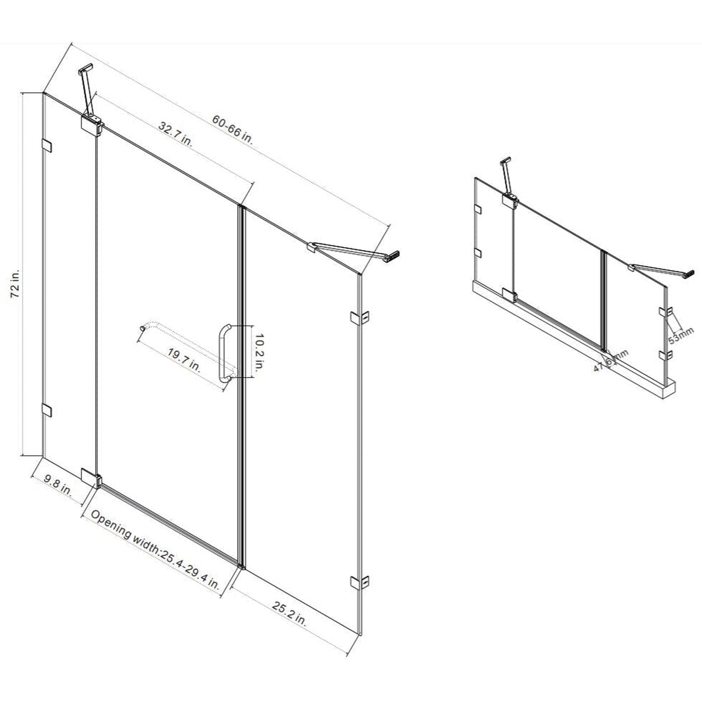 Vinnova Milano 66" x 72" Brushed Nickel In-line Hinged Frameless Shower Door With Fixed Glass on Both Sides