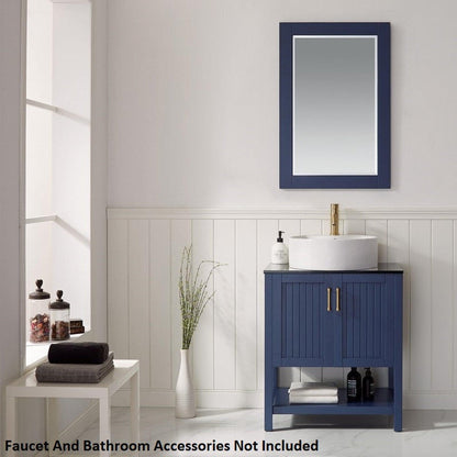 Vinnova Modena 28" Royal Blue Freestanding Single Vanity Set In Dark Black Glass Top With Vessel Ceramic Sink and Mirror