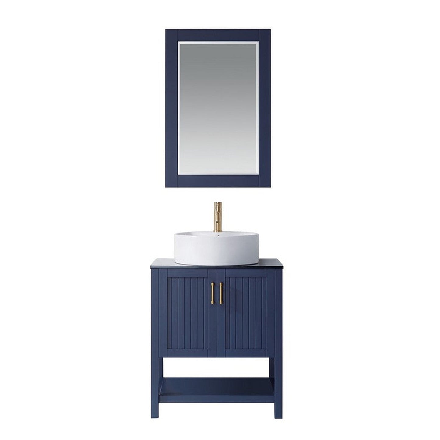 Vinnova Modena 28" Royal Blue Freestanding Single Vanity Set In Dark Black Glass Top With Vessel Ceramic Sink and Mirror