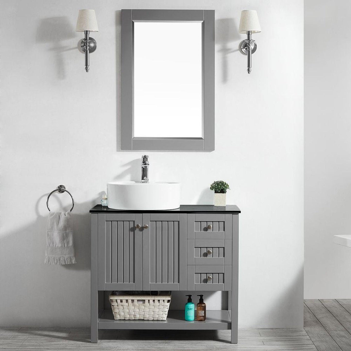 Vinnova Modena 36" Gray Freestanding Single Vanity Set In Dark Black Glass Top With Vessel Ceramic Sink and Mirror