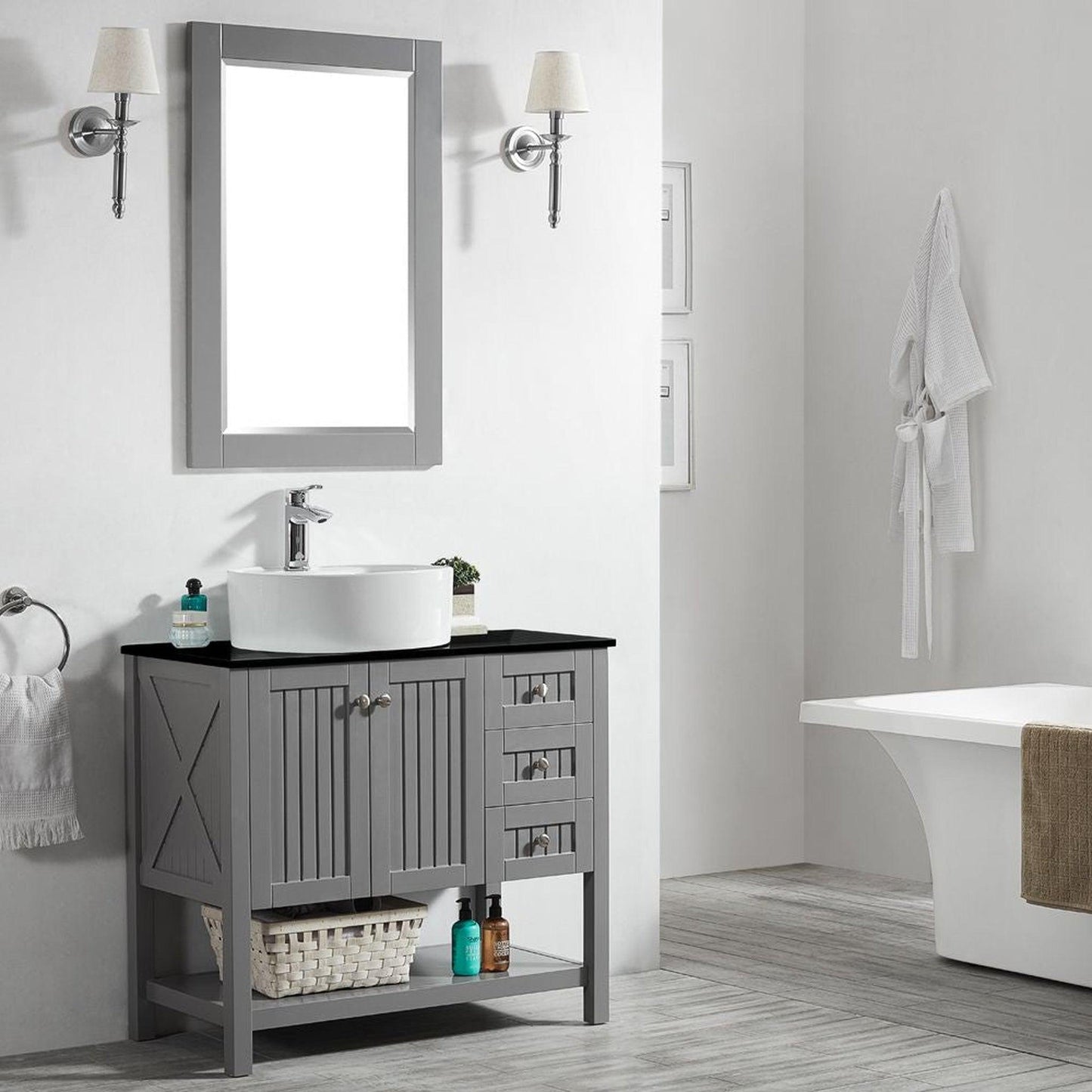 Vinnova Modena 36" Gray Freestanding Single Vanity Set In Dark Black Glass Top With Vessel Ceramic Sink and Mirror