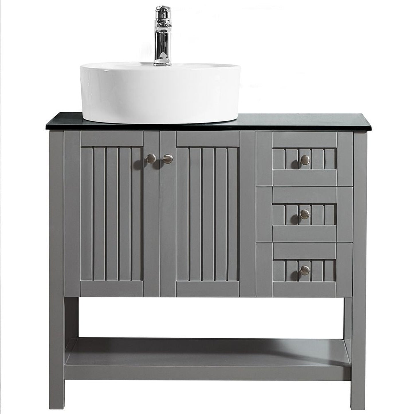 Vinnova Modena 36" Gray Freestanding Single Vanity Set In Dark Black Glass Top With Vessel Ceramic Sink and Mirror