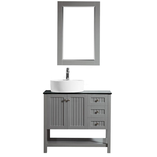 Vinnova Modena 36" Gray Freestanding Single Vanity Set In Dark Black Glass Top With Vessel Ceramic Sink and Mirror