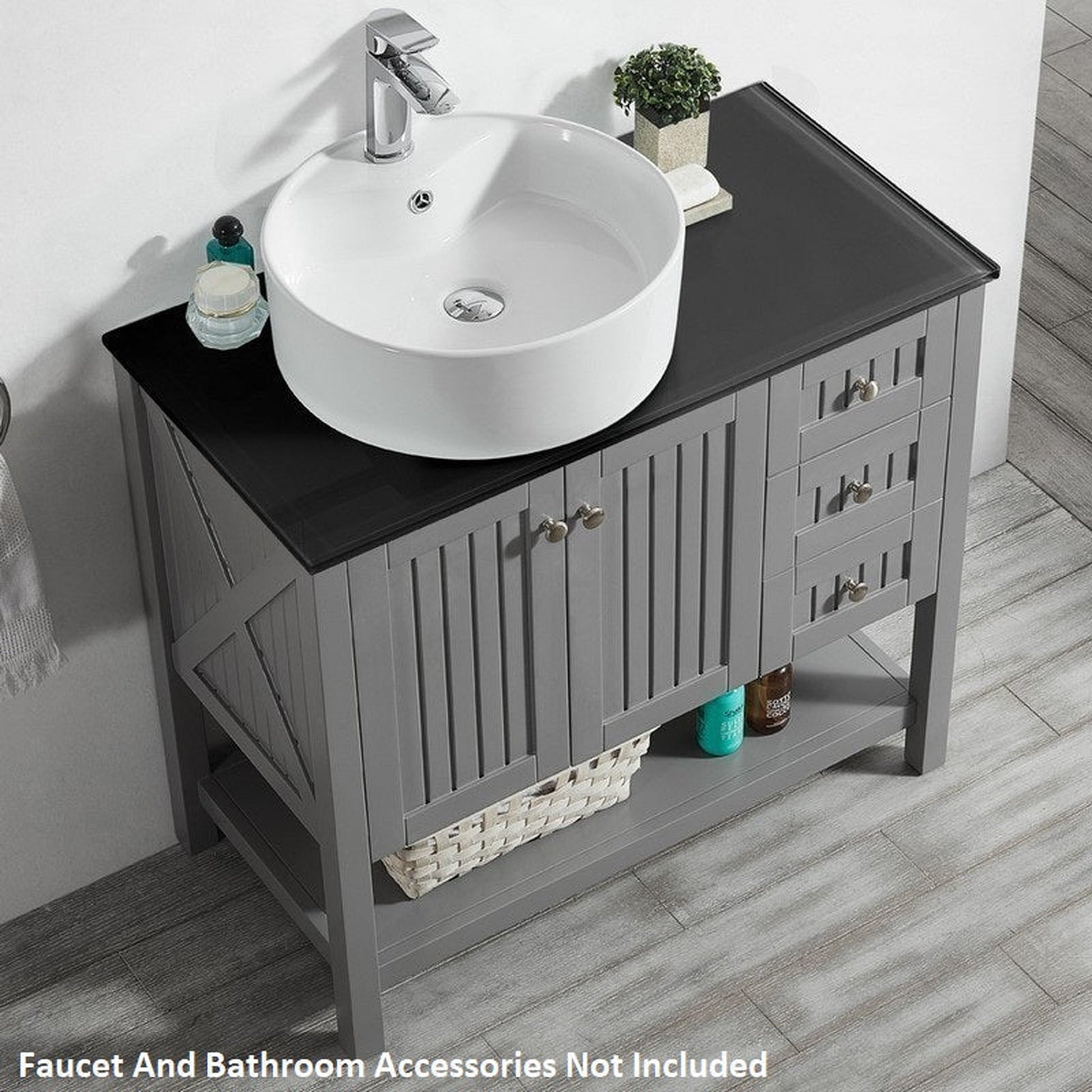 Vinnova Modena 36" Gray Freestanding Single Vanity Set In Dark Black Glass Top With Vessel Ceramic Sink