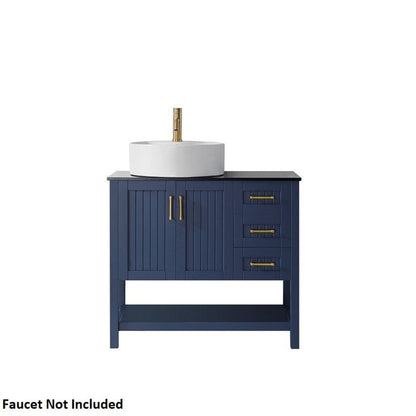 Vinnova Modena 36" Royal Blue Freestanding Single Vanity Set In Dark Black Glass Top With Vessel Ceramic Sink and Mirror
