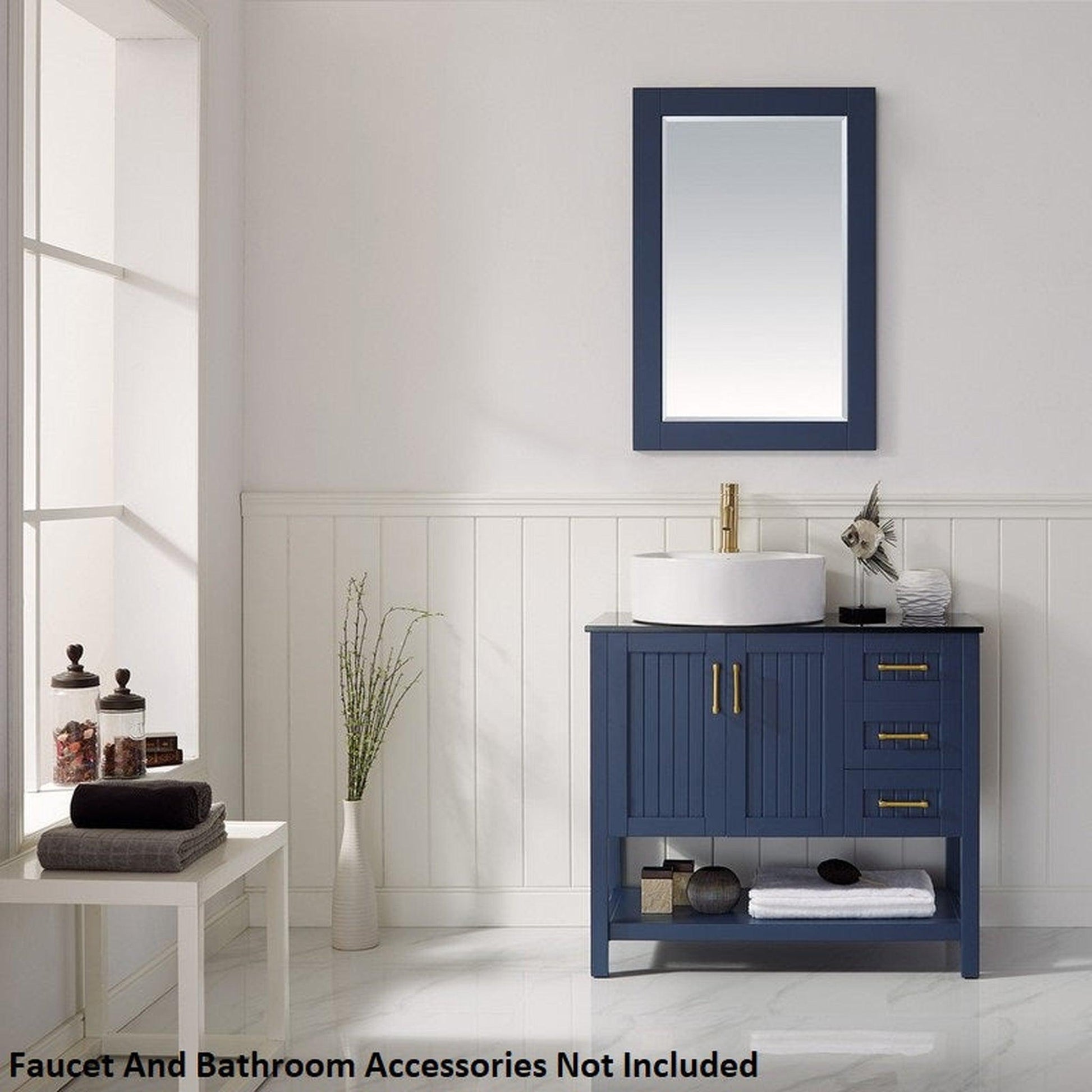 Vinnova Modena 36" Royal Blue Freestanding Single Vanity Set In Dark Black Glass Top With Vessel Ceramic Sink and Mirror