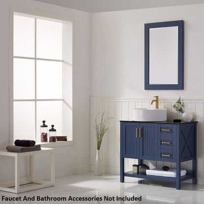 Vinnova Modena 36" Royal Blue Freestanding Single Vanity Set In Dark Black Glass Top With Vessel Ceramic Sink and Mirror