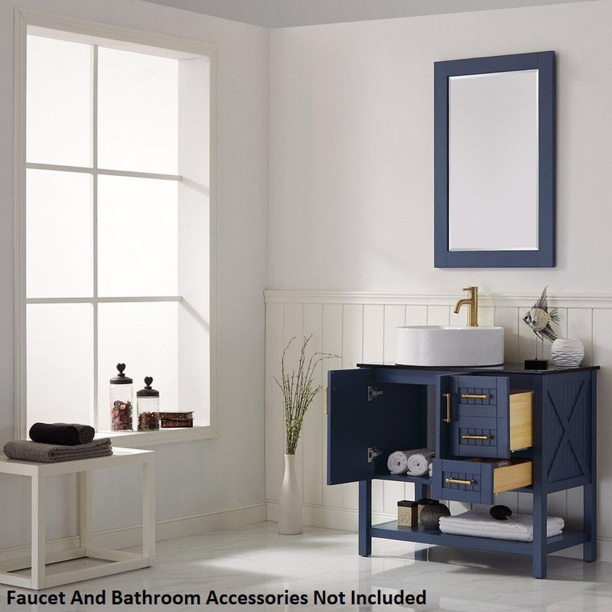 Vinnova Modena 36" Royal Blue Freestanding Single Vanity Set In Dark Black Glass Top With Vessel Ceramic Sink and Mirror