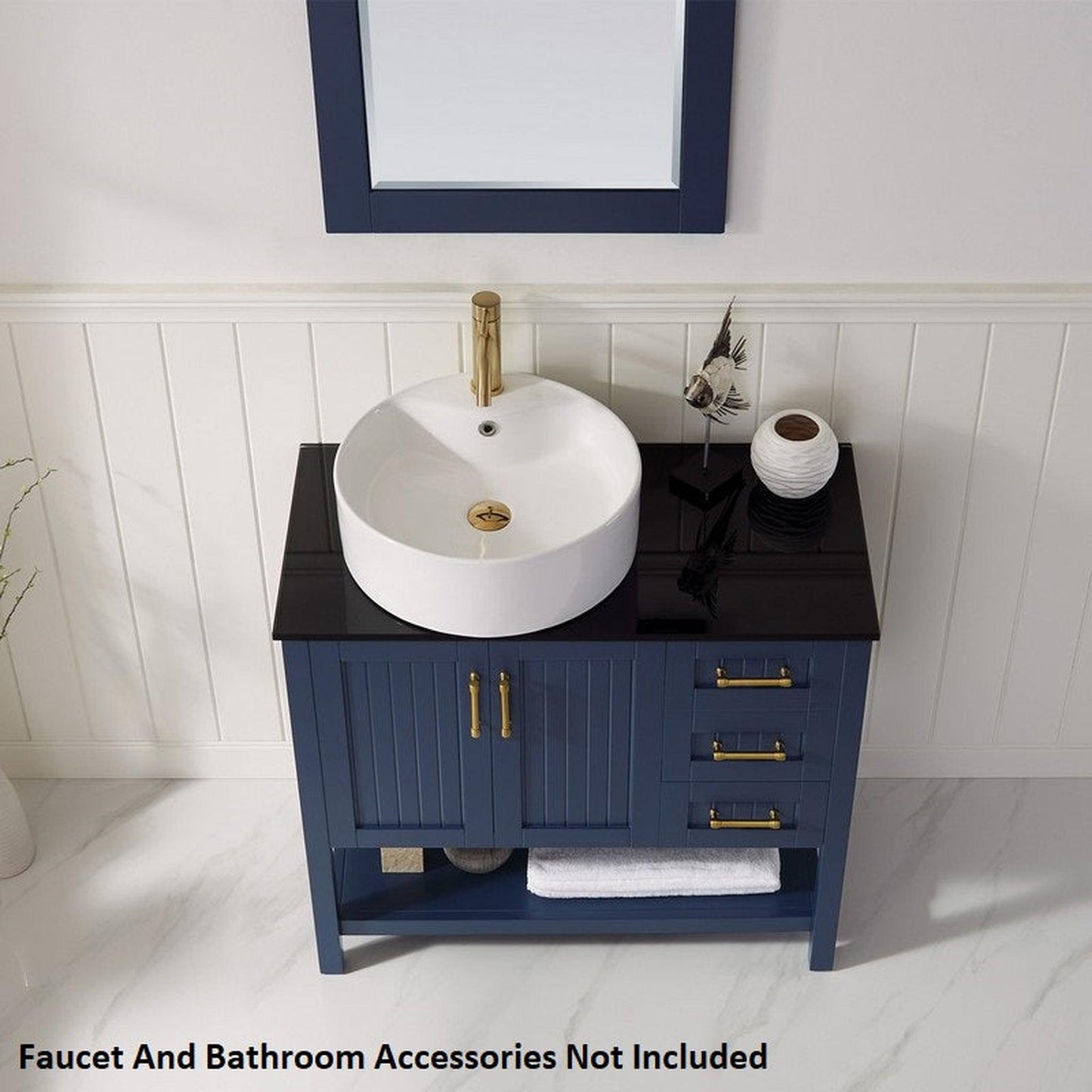 Vinnova Modena 36" Royal Blue Freestanding Single Vanity Set In Dark Black Glass Top With Vessel Ceramic Sink and Mirror