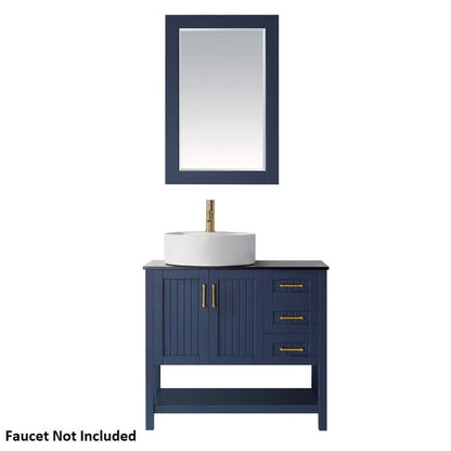 Vinnova Modena 36" Royal Blue Freestanding Single Vanity Set In Dark Black Glass Top With Vessel Ceramic Sink and Mirror