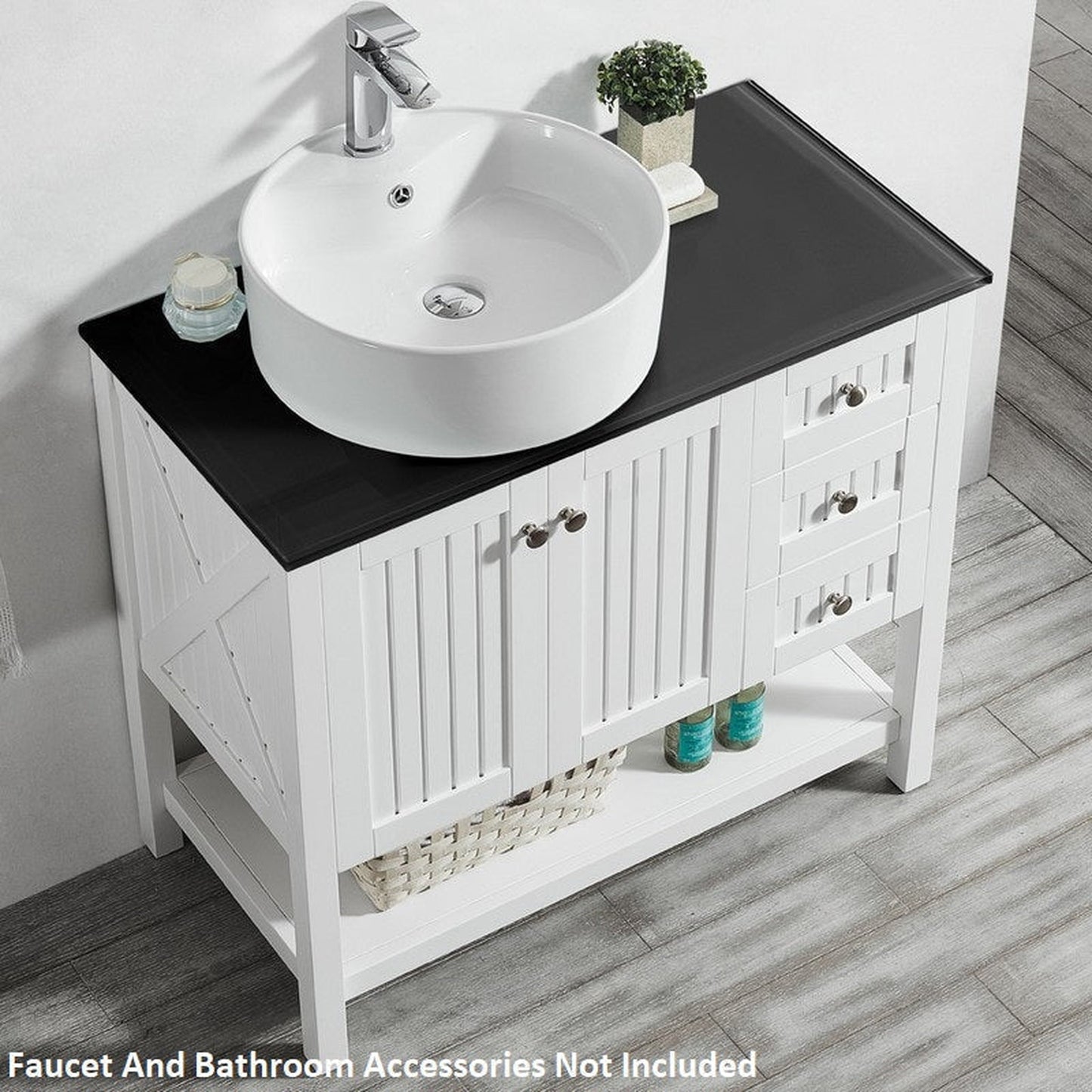 Vinnova Modena 36" White Freestanding Single Vanity Set In Dark Black Glass Top With Vessel Ceramic Sink