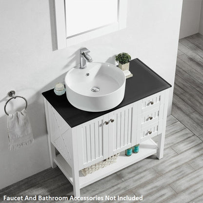 Vinnova Modena 36" White Freestanding Single Vanity Set In Dark Black Glass Top With Vessel Ceramic Sink and Mirror