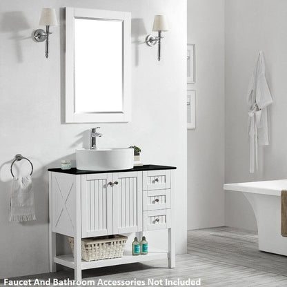 Vinnova Modena 36" White Freestanding Single Vanity Set In Dark Black Glass Top With Vessel Ceramic Sink and Mirror