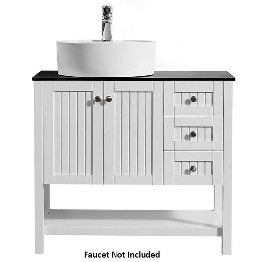 Vinnova Modena 36" White Freestanding Single Vanity Set In Dark Black Glass Top With Vessel Ceramic Sink