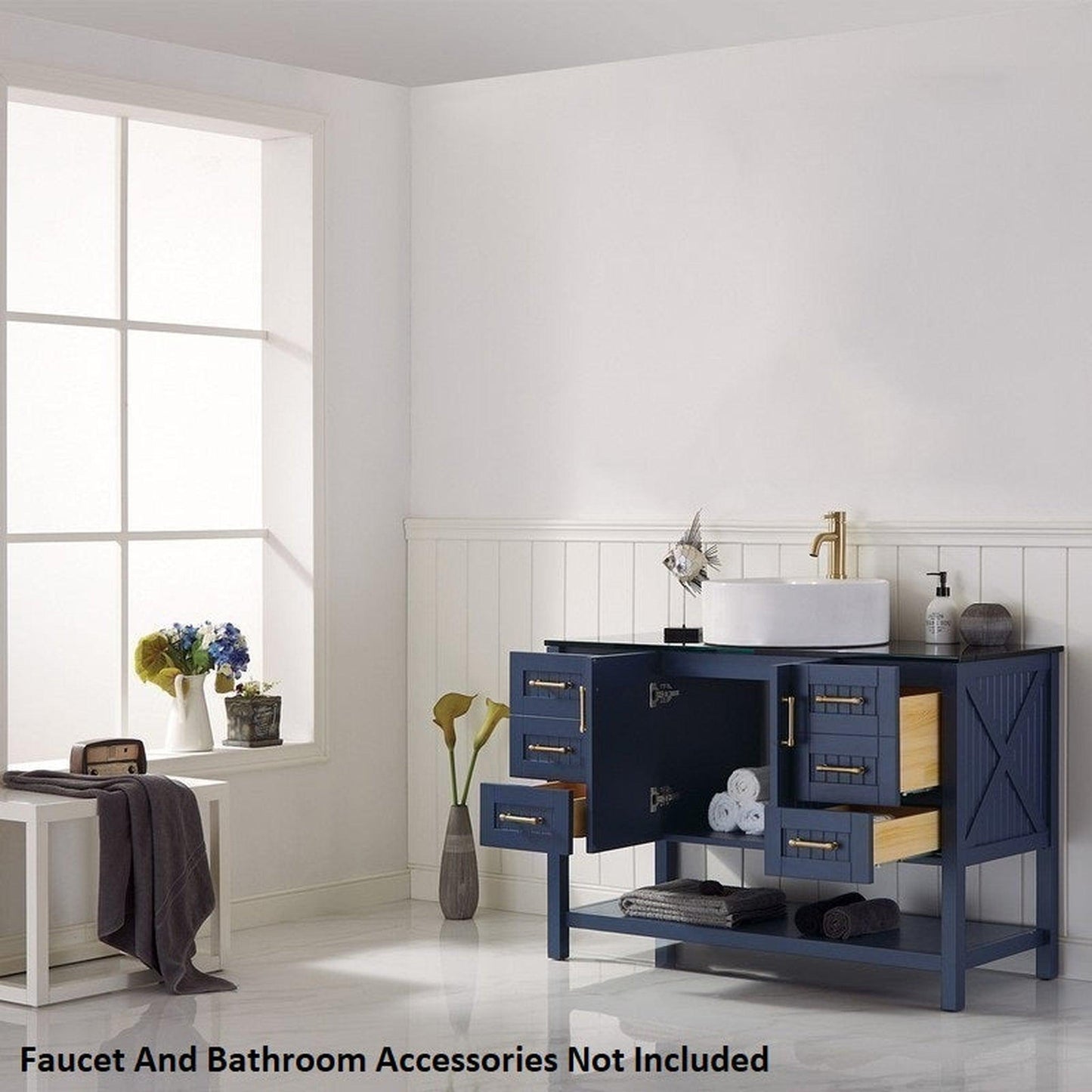 Vinnova Modena 48" Royal Blue Freestanding Single Vanity Set In Dark Black Glass Top With Vessel Ceramic Sink