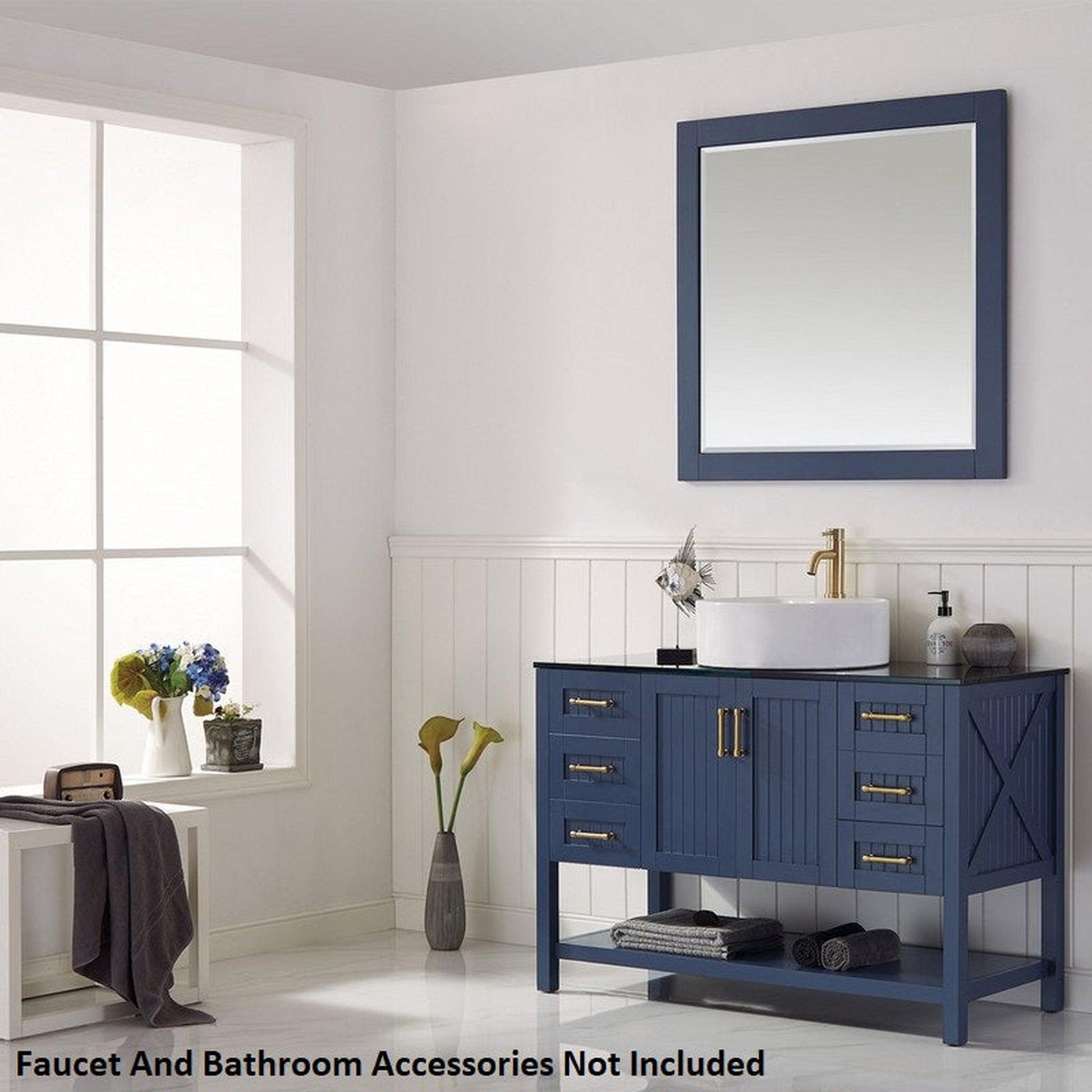 Vinnova Modena 48" Royal Blue Freestanding Single Vanity Set In Dark Black Glass Top With Vessel Ceramic Sink and Mirror